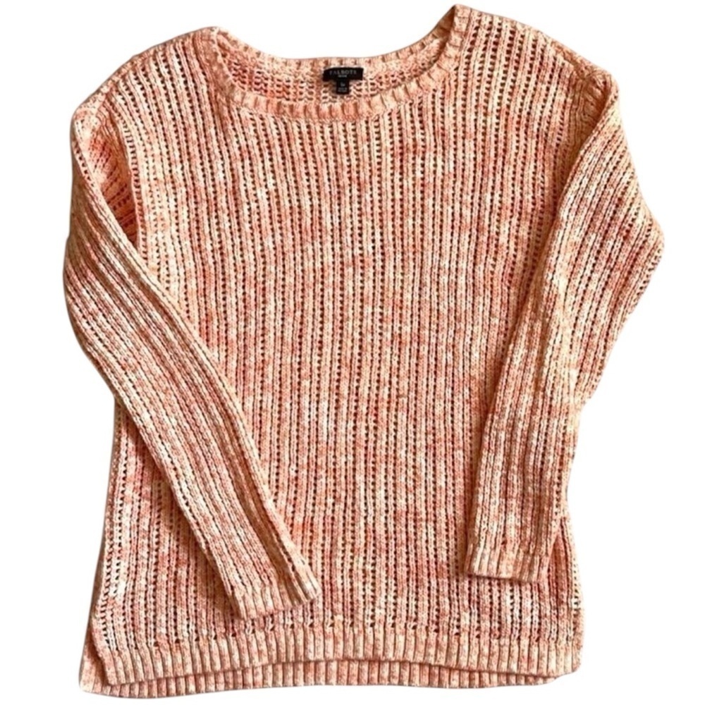 TALBOTS pastel orangey-pink and white colored petite knit long sleeve sweater